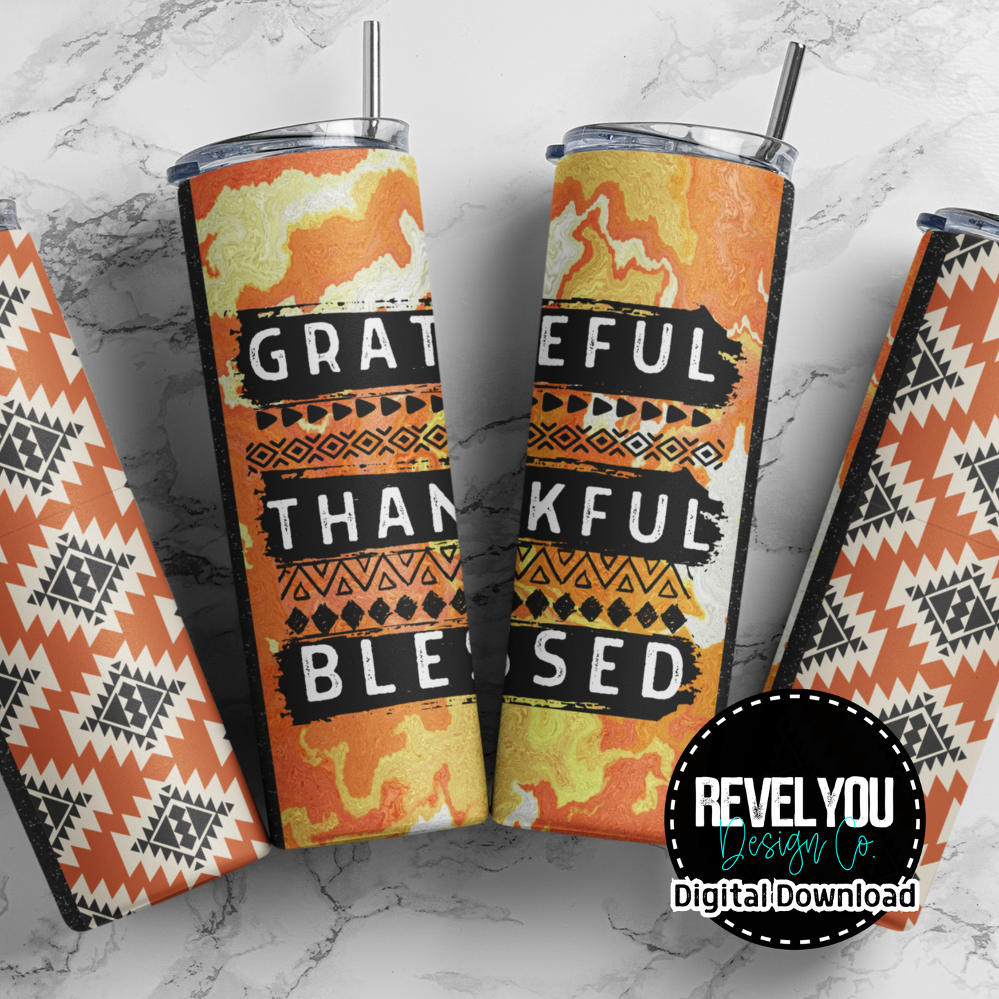 Grateful Thankful Blessed Orange Tribal - Digital Tumbler PNG