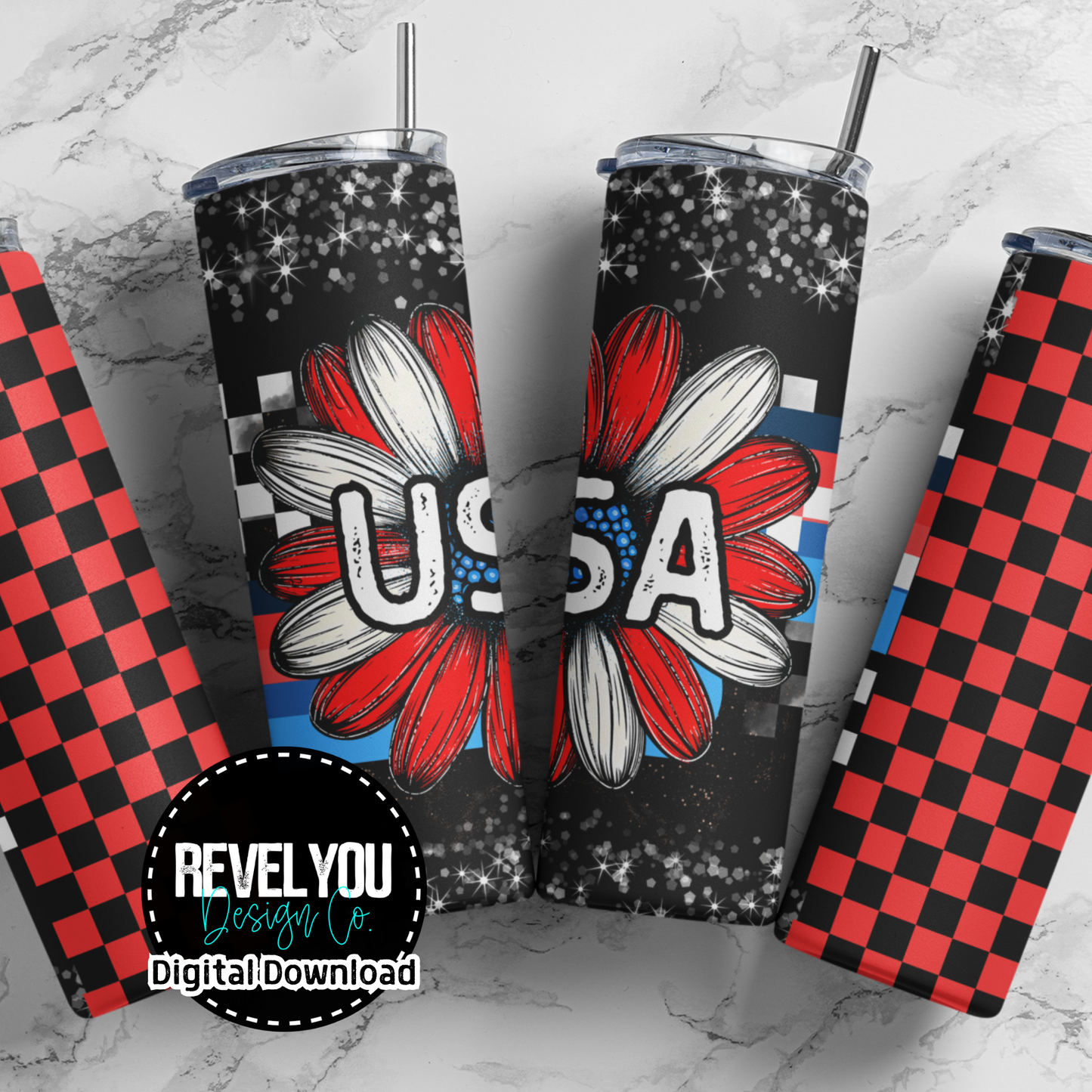 USA Retro Floral White - Digital Tumbler PNG