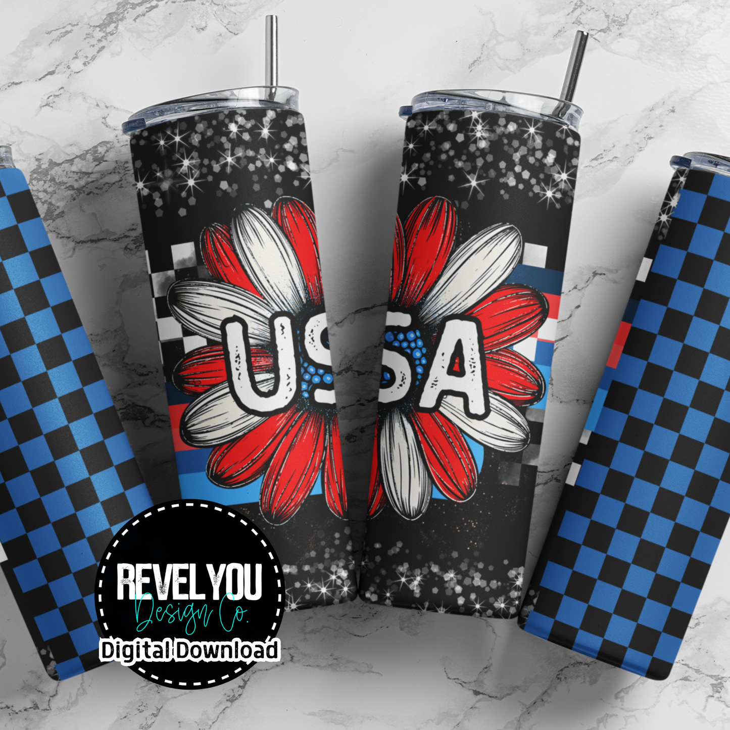 USA Retro Floral Blue - Digital Tumbler PNG