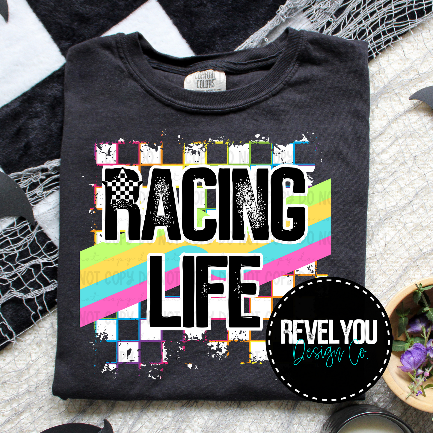 Neon Checkered White Grunge Racing Life - PNG