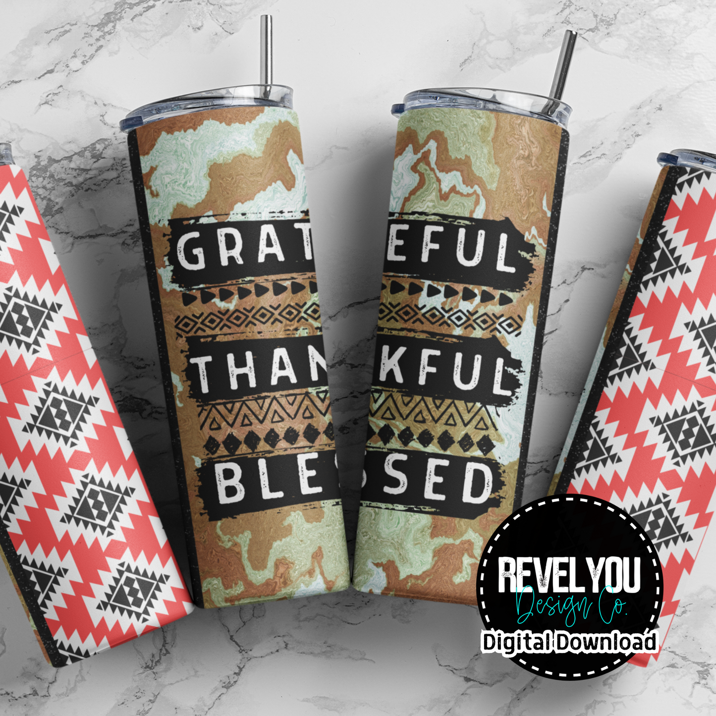 Grateful Thankful Blessed Rose Tribal - Digital Tumbler PNG