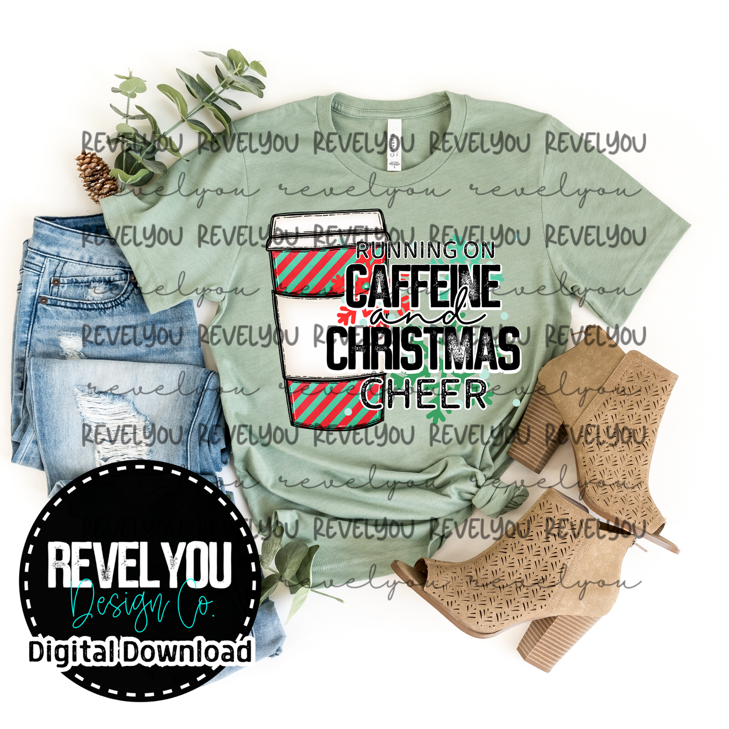 Caffeine Christmas Cheer Striped Cup Snow Flakes - PNG
