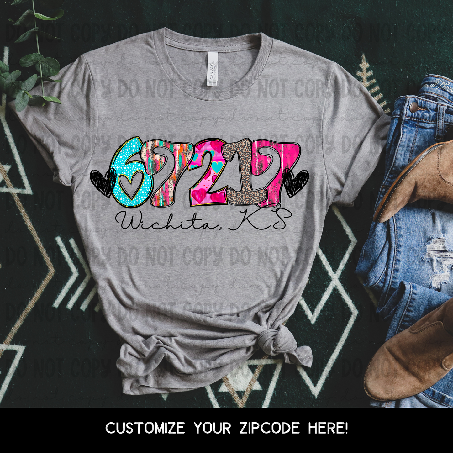 Custom State Script ZIPCODE Crazy Hearts - Digital PNG