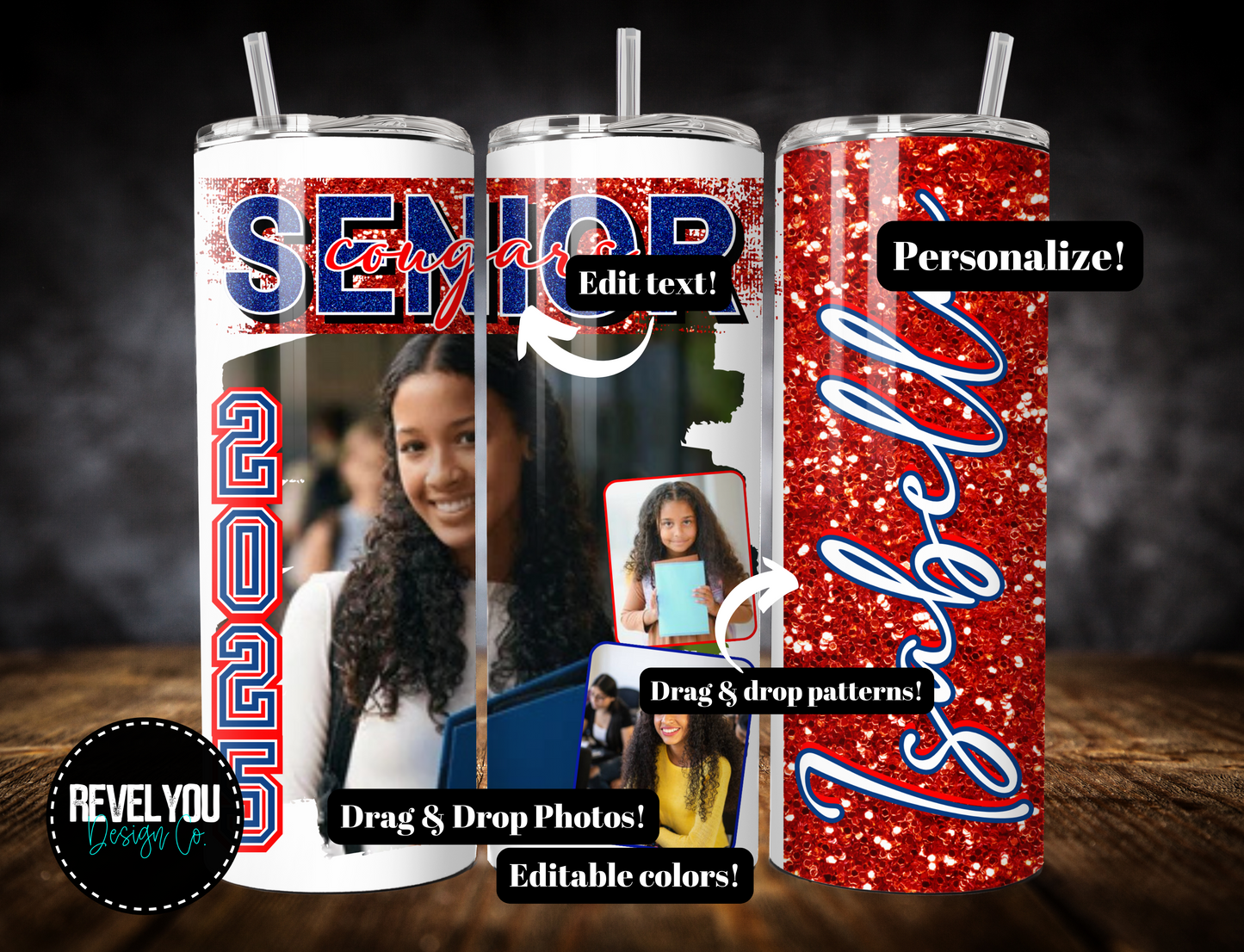 Senior Glitter Editable Template 20 oz Tumbler - REQUIRES CANVA