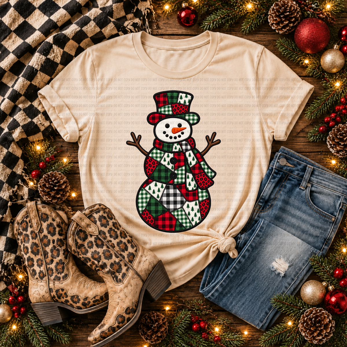 Patchwork Patterned Snowman - PNG