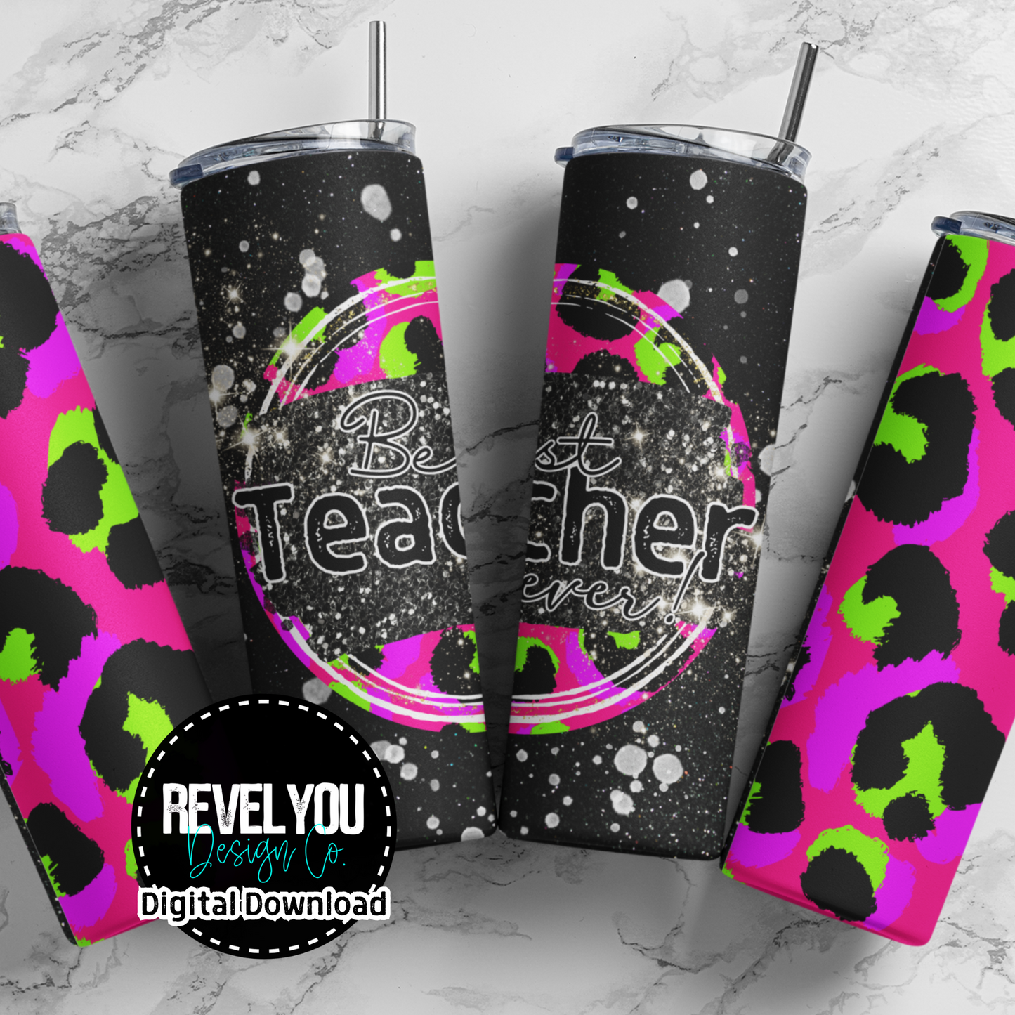 Best Teacher Ever Neon Leopard - Digital Tumbler PNG