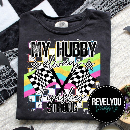 Neon Checkered White My Hubby Always Finishes Strong -  PNG
