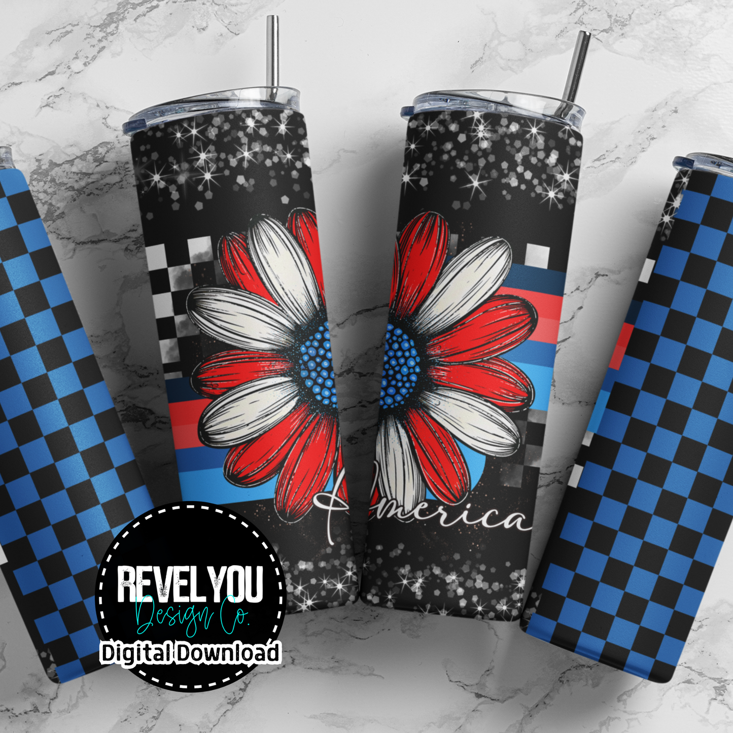 America Retro Floral Blue - Digital Tumbler PNG