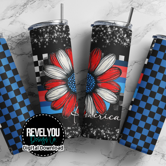 America Retro Floral Blue - Digital Tumbler PNG