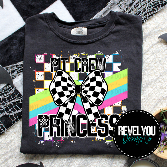 Neon Checkered White Pit Crew Princess Bow - PNG