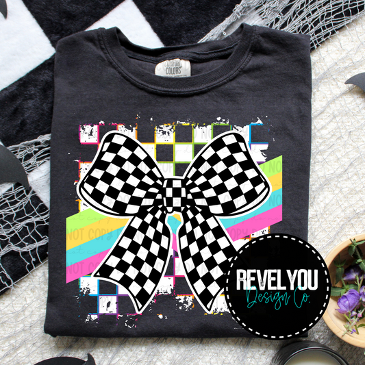 Neon Checkered White Bow  - PNG