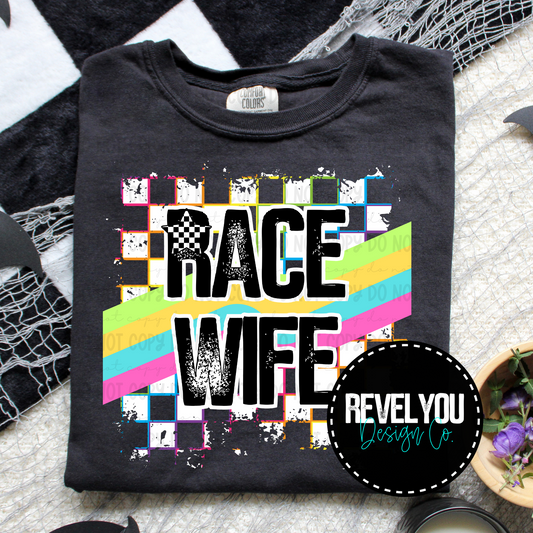 Neon Checkered White Grunge Race Wife  - PNG