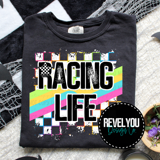 Neon Checkered White Grunge Racing Life  - PNG