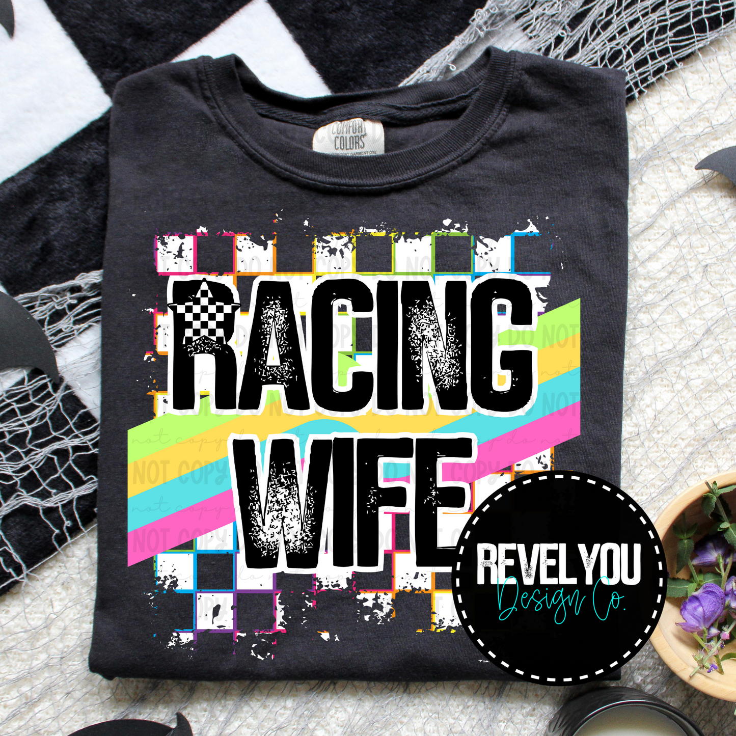 Neon Checkered White Grunge Racing Wife  - PNG