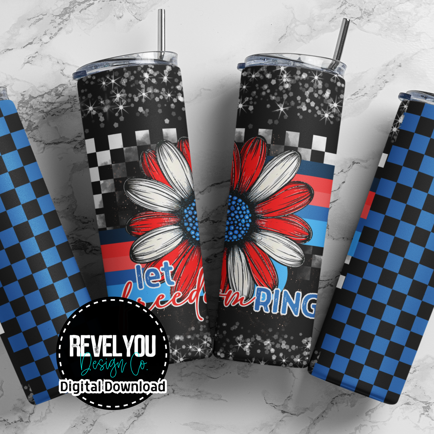 Let Freedom Ring Retro Floral Blue - Digital Tumbler PNG