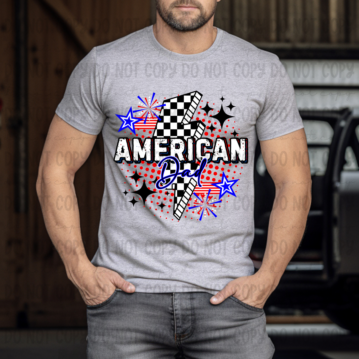 American Dad Checkered Bolt Blue Script - PNG