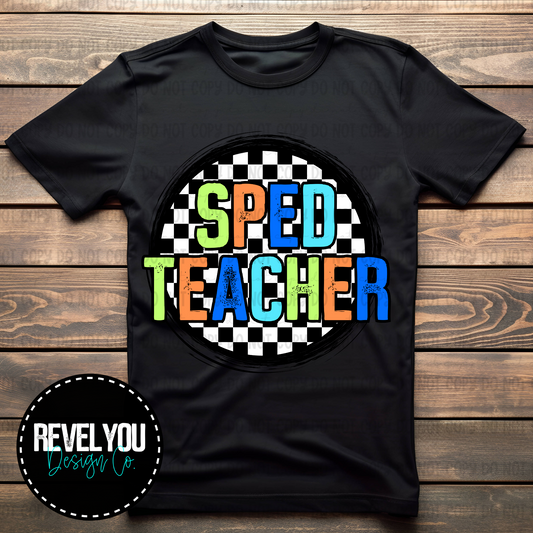 Checkered Circle Orange SPED Teacher - PNG
