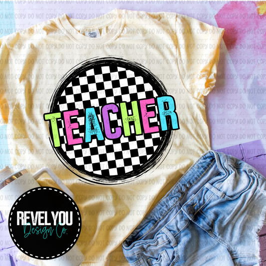 Checkered Circle Pink Teacher - PNG