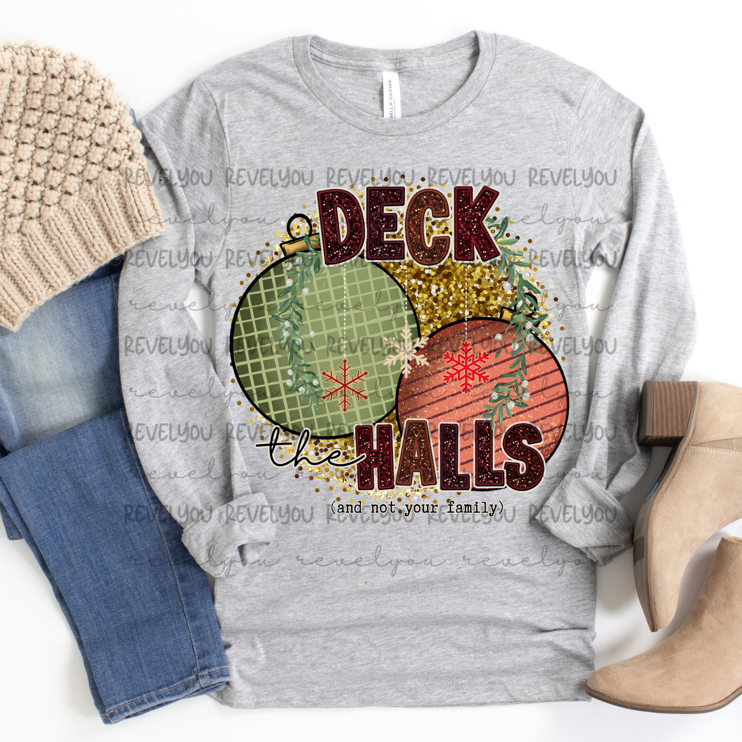 Deck The Halls And Not Your Family Faux Embroidery Glitter Look - PNG