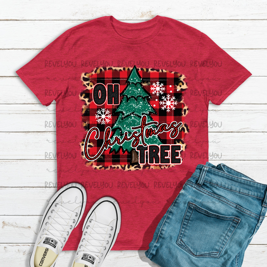 Oh Christmas Tree Red Plaid With Snowflakes Faux Embroidery Glitter