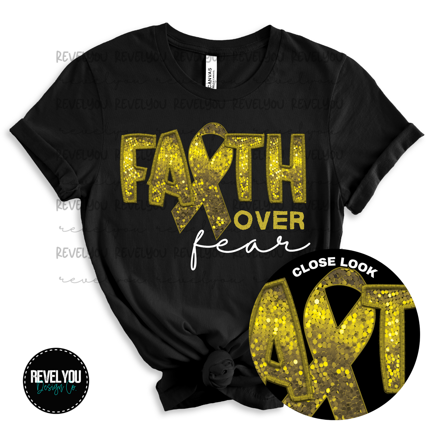 Gold Faith Over Fear Faux Embroidery Sequin Look - PNG