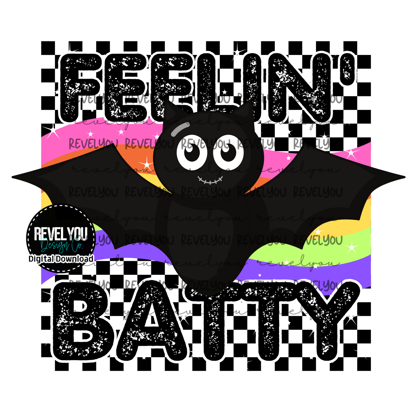 Feelin' Batty Retro Checkered Bat - PNG
