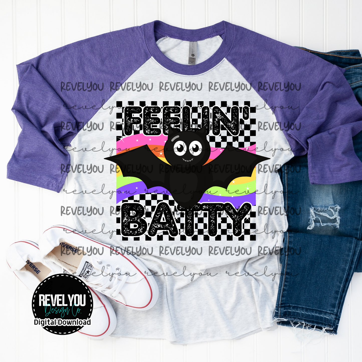 Feelin' Batty Retro Checkered Bat - PNG