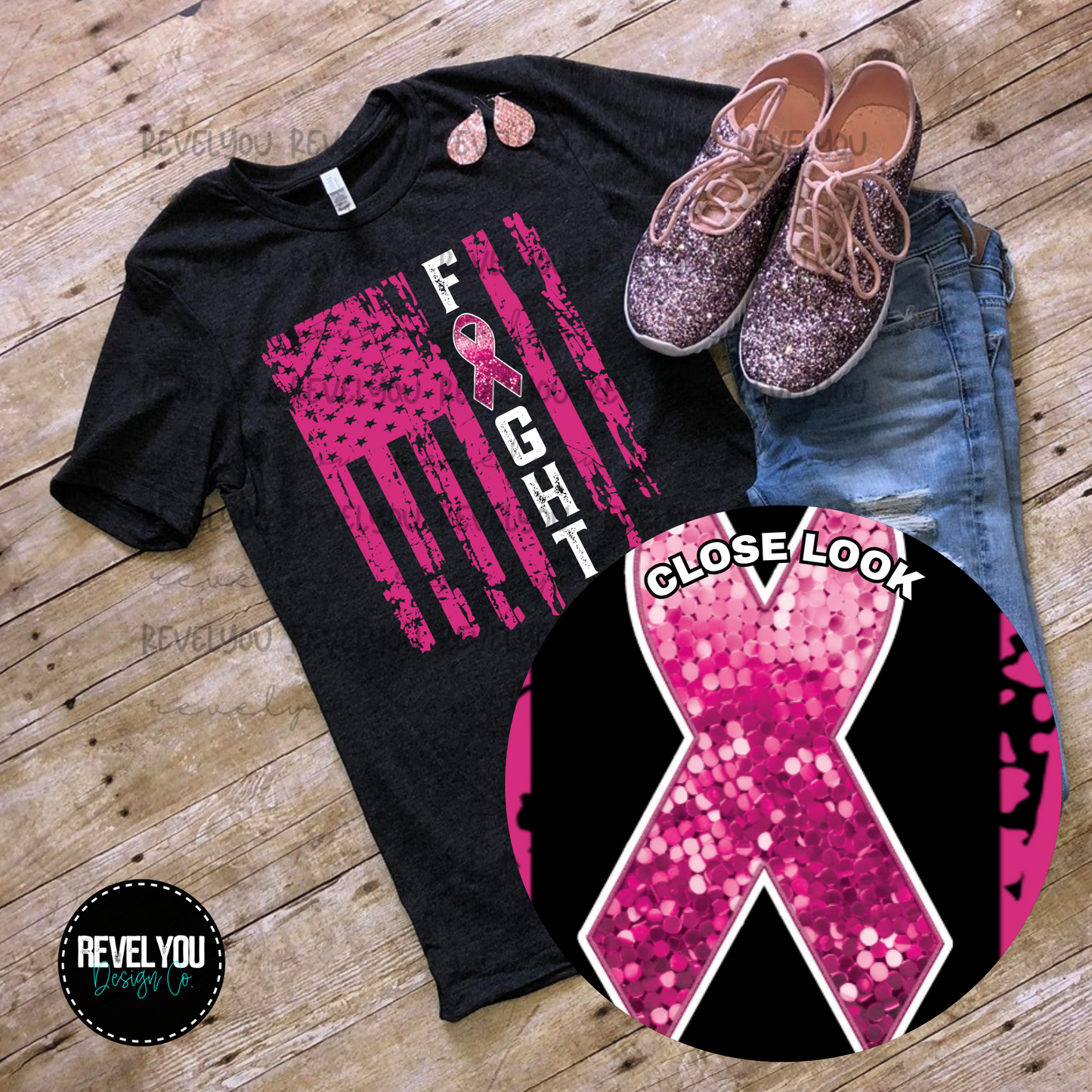 Breast Cancer Fight Flag Faux Embroidery Sequin Look - PNG