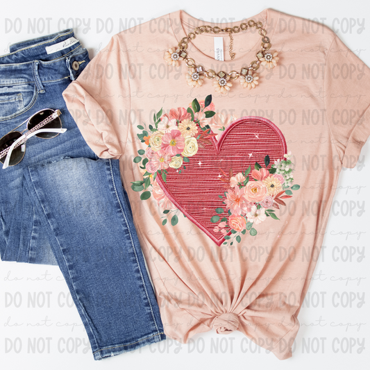 Floral Pink Embroidery Heart - PNG