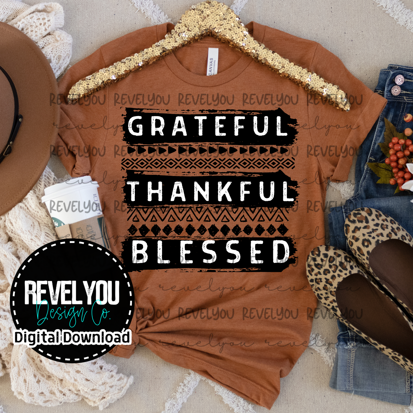 Grateful Thankful Blessed Black/White - PNG