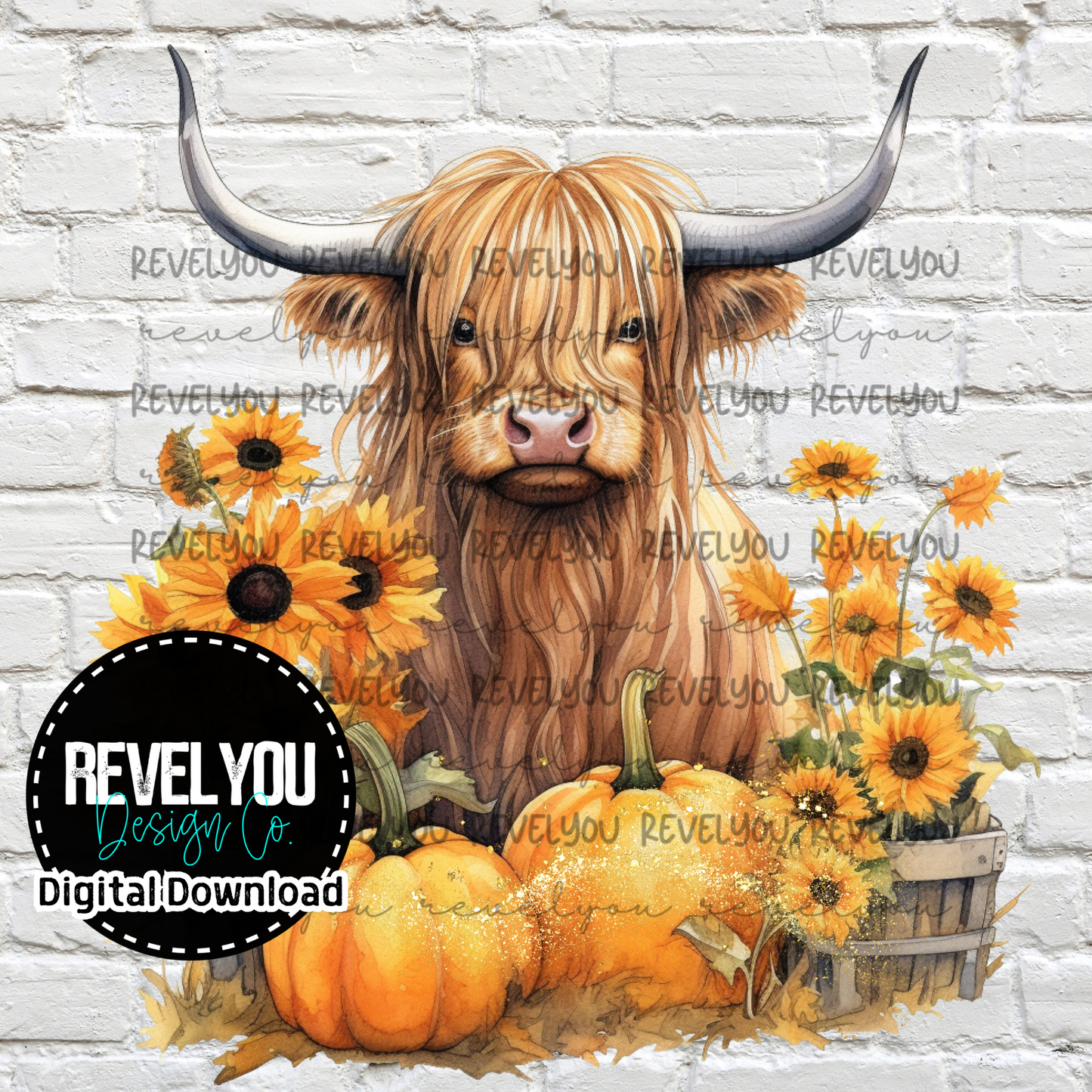 Pumpkin Sunflower Highland Cow - PNG