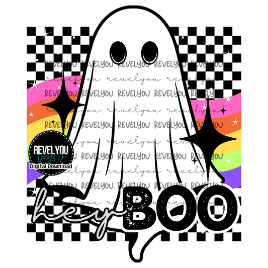 Hey Boo Retro Checkered Ghost - PNG