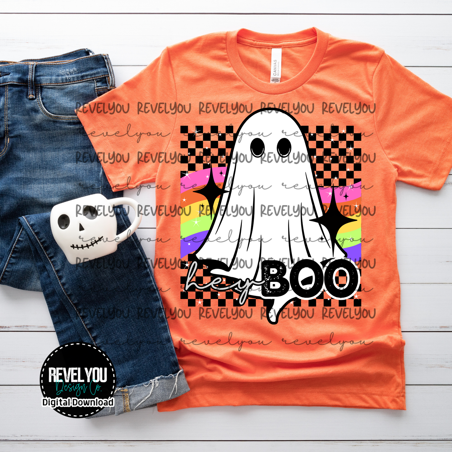 Hey Boo Retro Checkered Ghost - PNG
