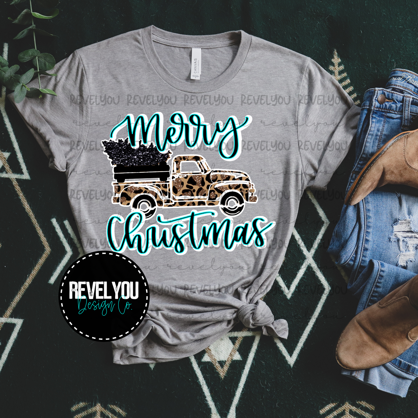 Merry Christmas Teal Leopard Truck - PNG