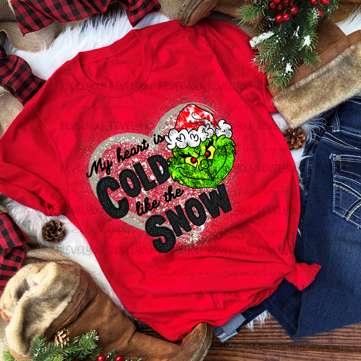 My Heart Is Cold Like The Snow Gr*nch Faux Embroidery Glitter Look - PNG