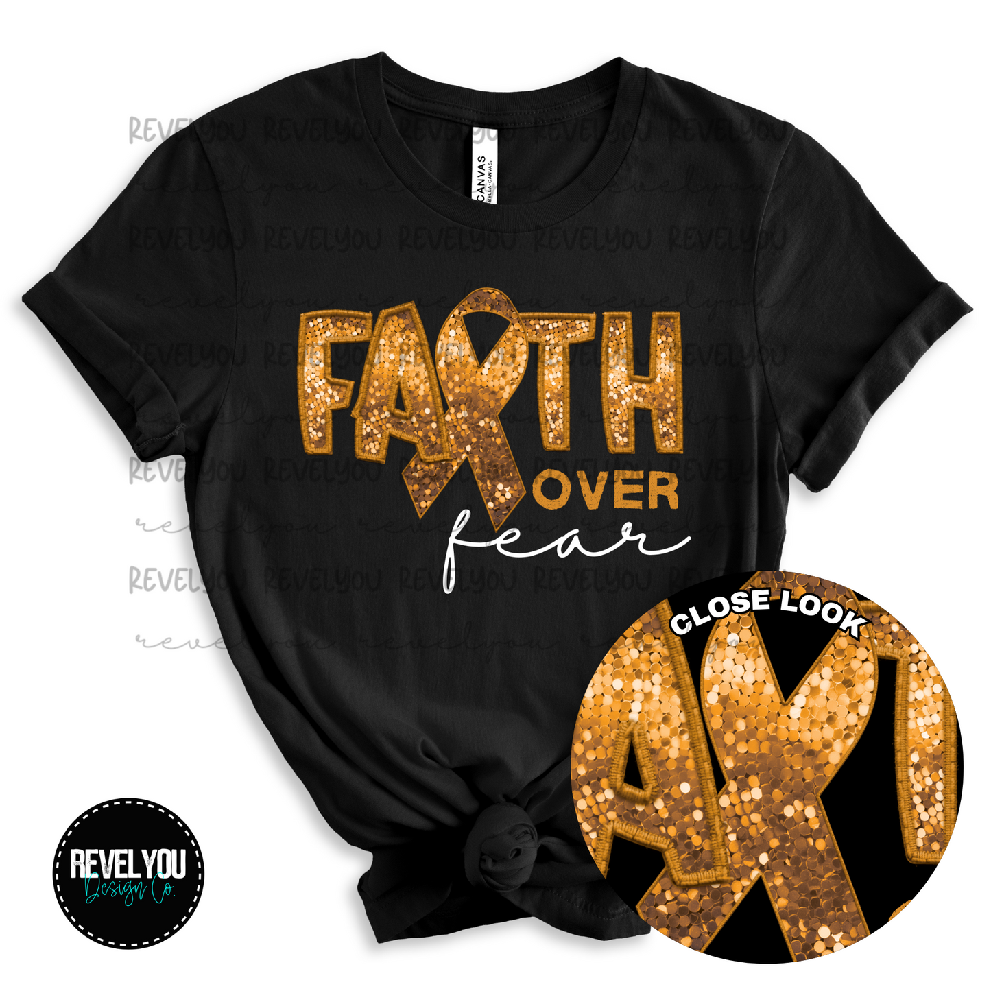 Orange Faith Over Fear Faux Embroidery Sequin Look - PNG