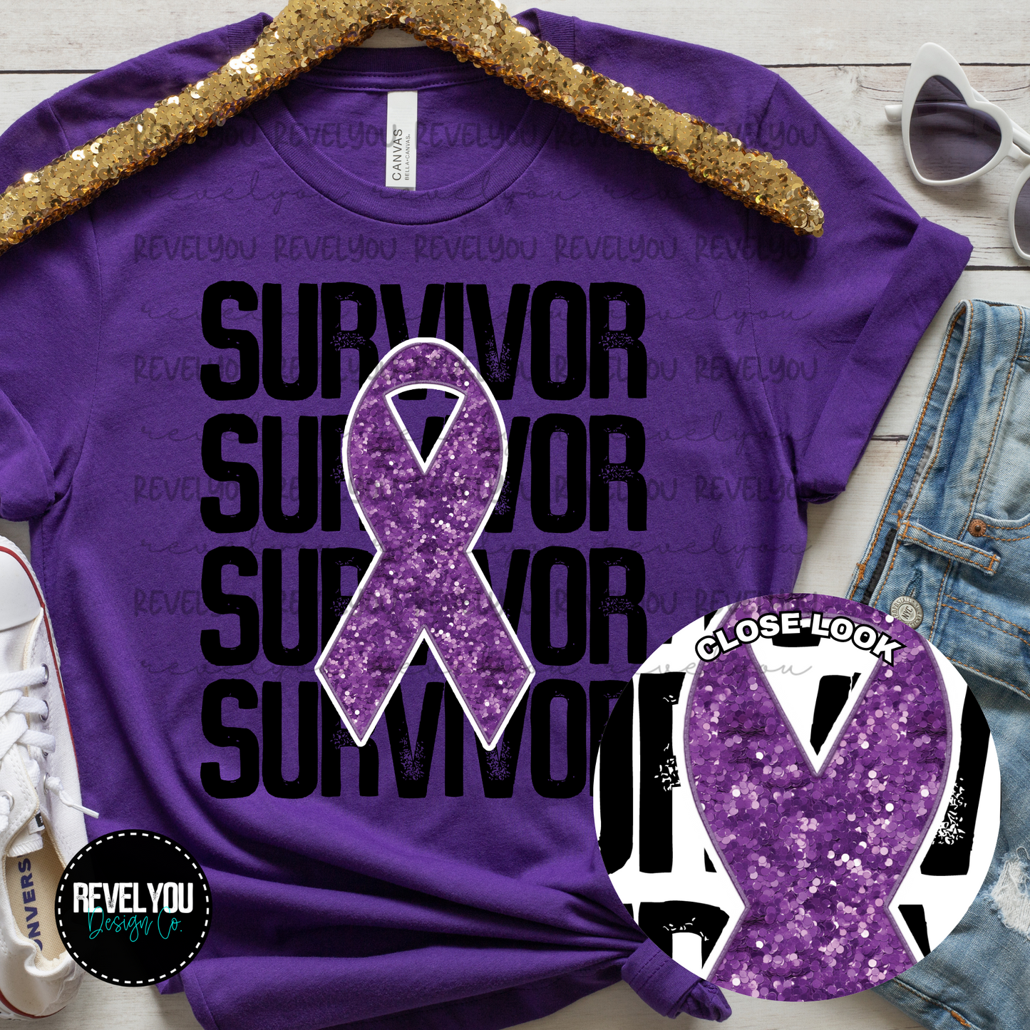 Purple Survivor Stack Flag Faux Embroidery Sequin Look - PNG