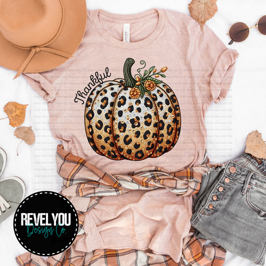 Thankful Embroidered Leopard Pumpkin  - PNG