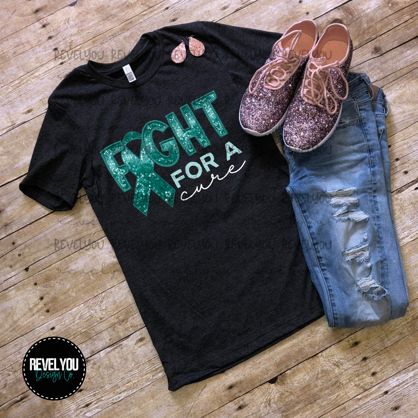 Teal Fight For A Cure Faux Embroidery Sequin Look - PNG