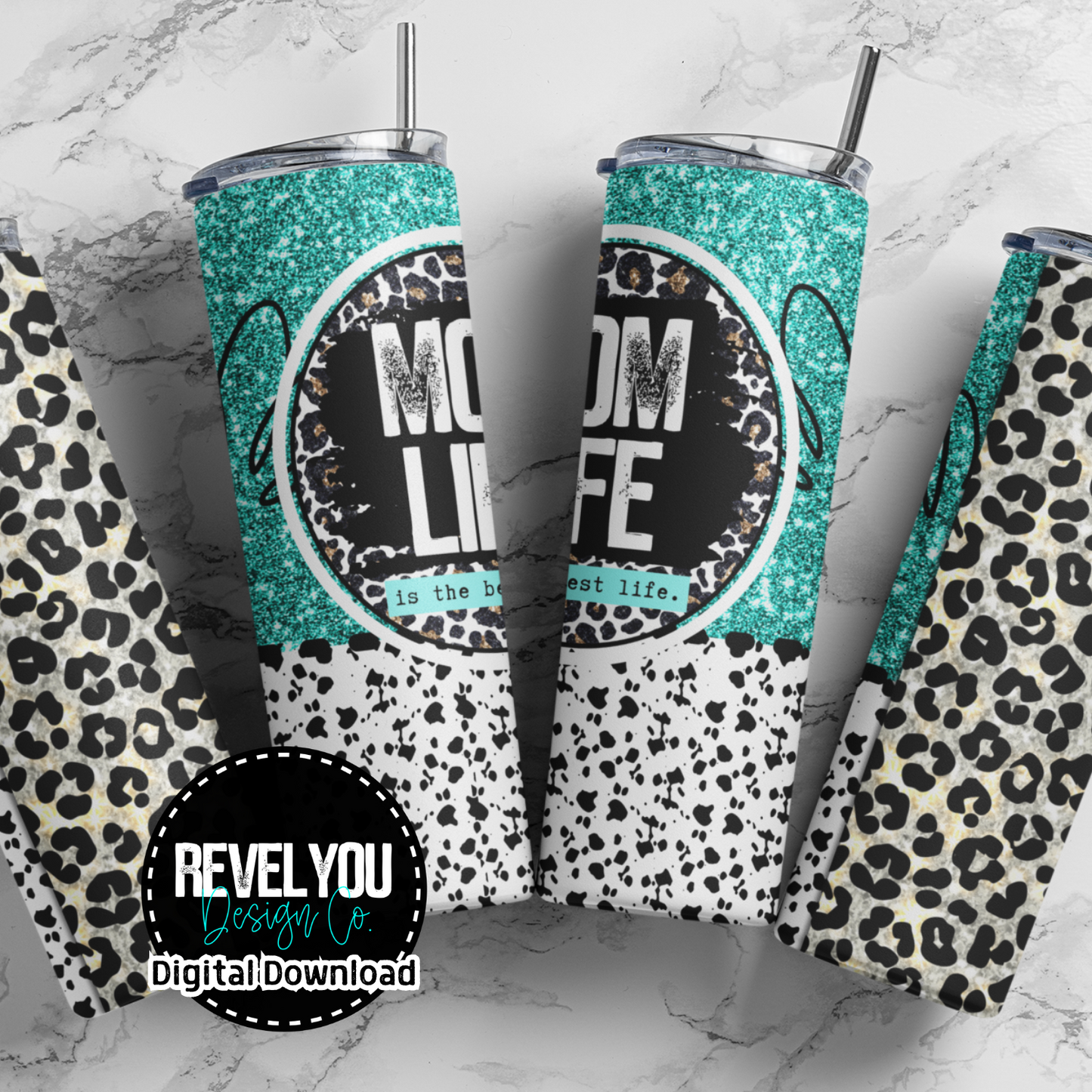 Mom Life Glitter Teal Leopard Panel - Digital Tumbler PNG