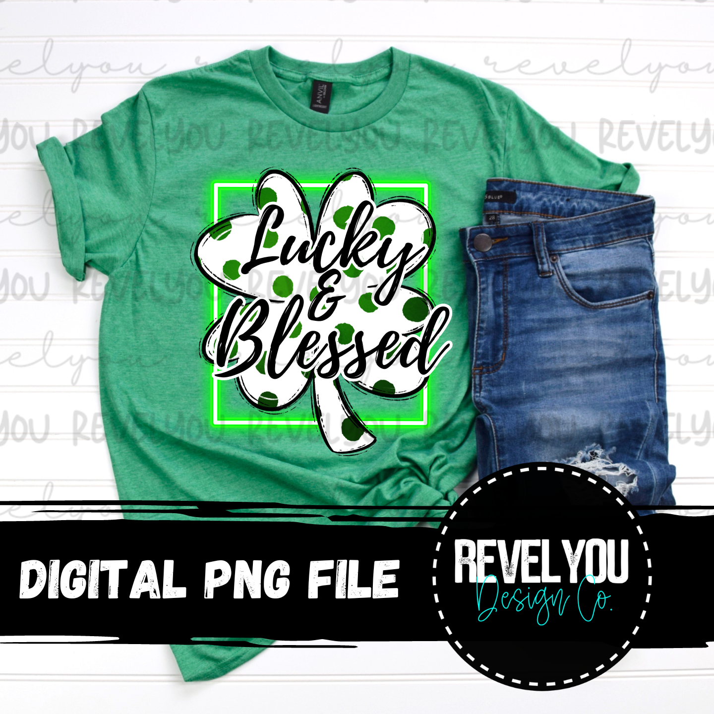 Lucky & Blessed Neon Shamrock - PNG